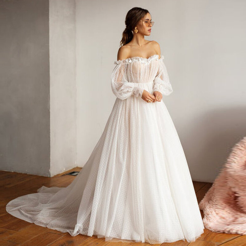 Boooma 오프숄더 퍼프 소매 점선 얇은 명주 그물 웨딩 드레스, 섹시한 오픈 백 긴 소매, 3D 꽃 신부 가운, 새로운 디자인