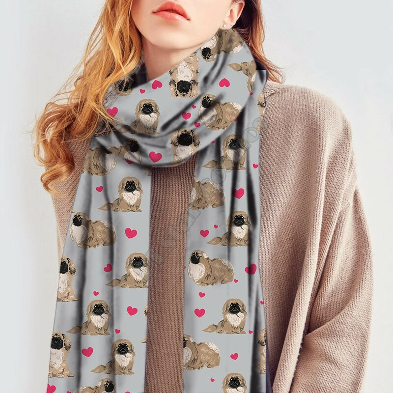 Foulard en Imitation cachemire imprimé 3D, style pékinois, mignon, épais, chaud, amusant, châle pour chien, automne et hiver 03