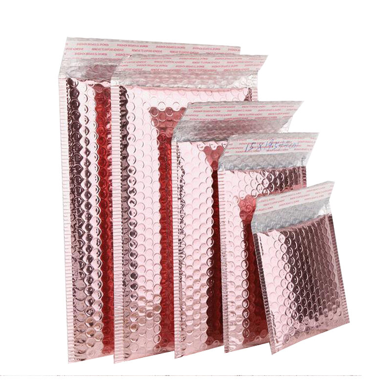 Loja de bolha metálica dourada rosa, saco postal aluminizado para embalagem de presente, revestida com 10 peças