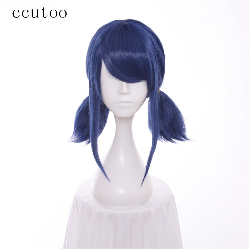 Ccutoo-Peluca de cabello sintético resistente al calor para Halloween, cabellera artificial azul con doble cola de caballo, color liso, ideal para Cosplay, mariquita y gorro