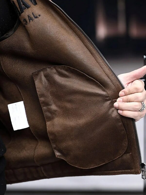 2021 New Winter Men's Fashion Thick Real Fur Jacket Long Sleeve Lapel Pocket Warm Coat Casual Solid Color Zipper Overcoat U31