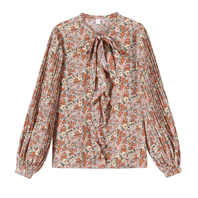 Blusa Retro Floral de gasa para mujer, fina camisa de manga farol con lazo, cuello levantado, manga larga, primavera 2021
