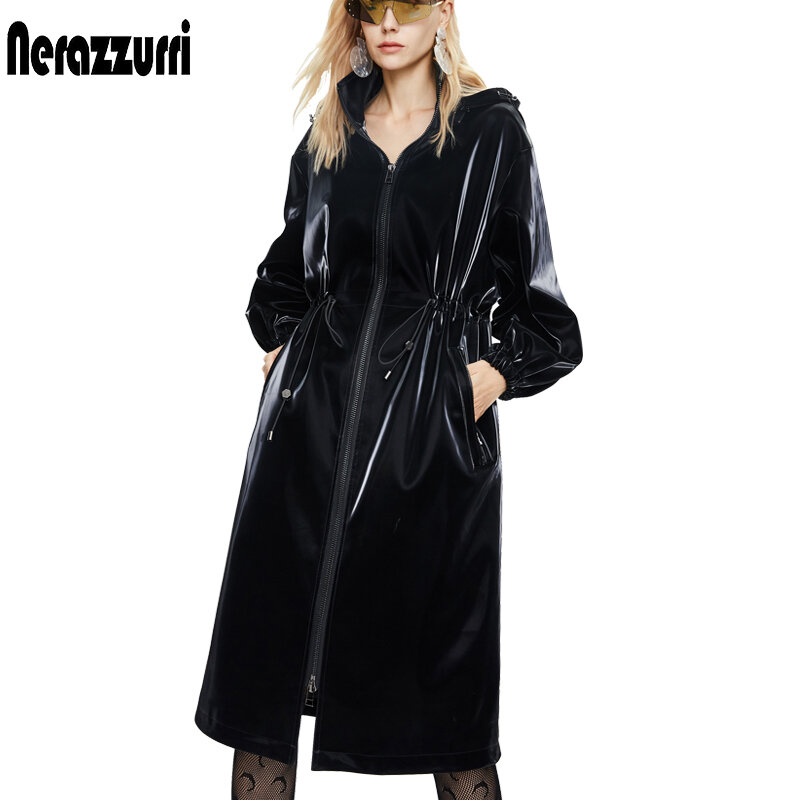 Nerazzurri mantel panjang hitam hangat, jaket trench kulit paten berkilau kebesaran untuk wanita lengan panjang, ritsleting musim gugur modis 2023