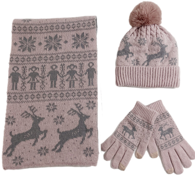 Elk Pattern Knitted Scarf Set para homens e mulheres, Beanies Hat, Luva, Aquecedor, Unisex, Grosso, Macio, Natal, Inverno, 3 pcs