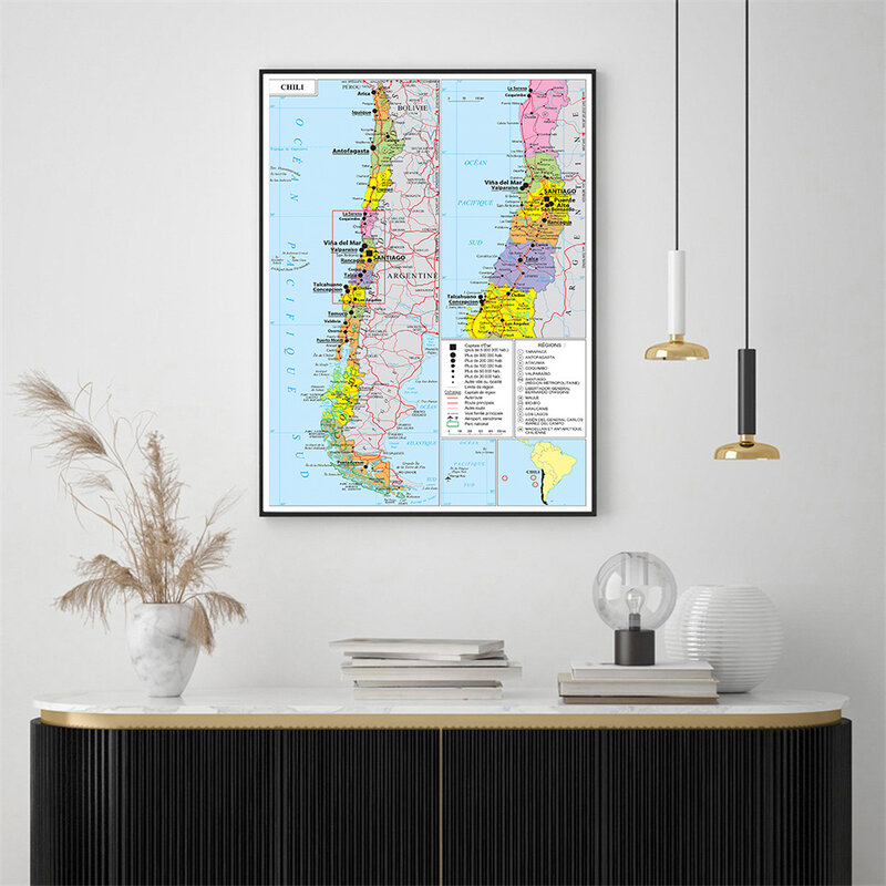 59*84cm The Chile Transportation Map (In French) Canvas Painting  Wall Art Poster Living Room Home Decoration School Supplies