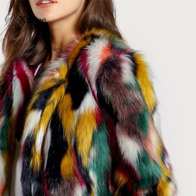 Женские Элегантные меховые пальто, зимние цветные меховые пальто, цветное пальто из искусственного меха, брендовая модная женская Повседневная шуба без воротника с длинным рукавом