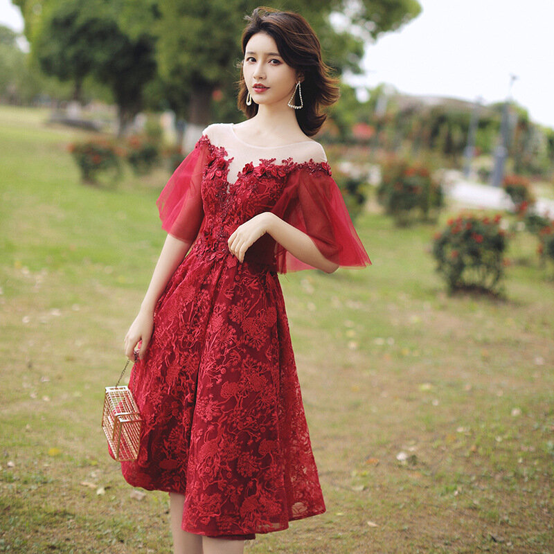 Vestido de noche con falda para mujer, prenda de novia con temperamento tostado de color burdeos, ropa de uso diario, primavera y otoño, novedad de 2020