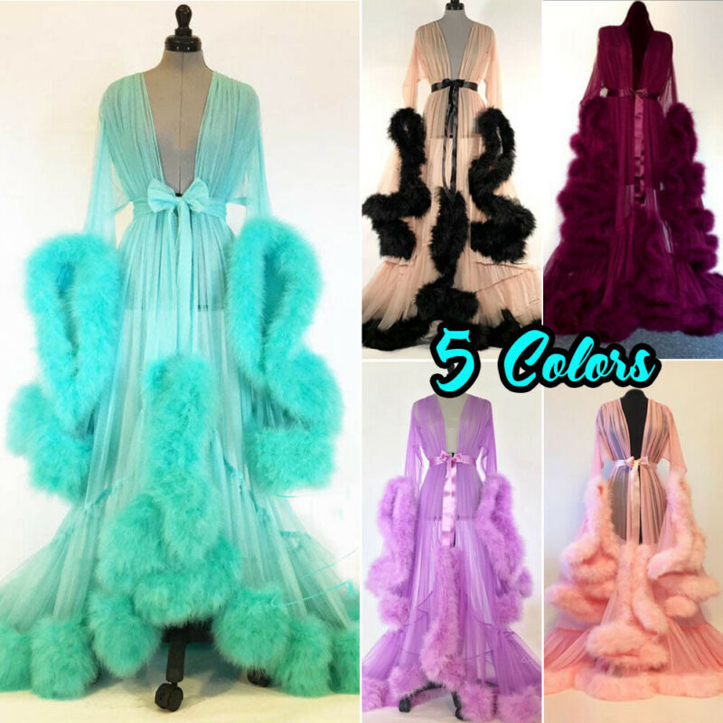 Hot Sale Fashion Gown Mesh Fur Babydolls Sleepwear Sexy Women Lingerie Robe Night Dress Nightgrown Robes
