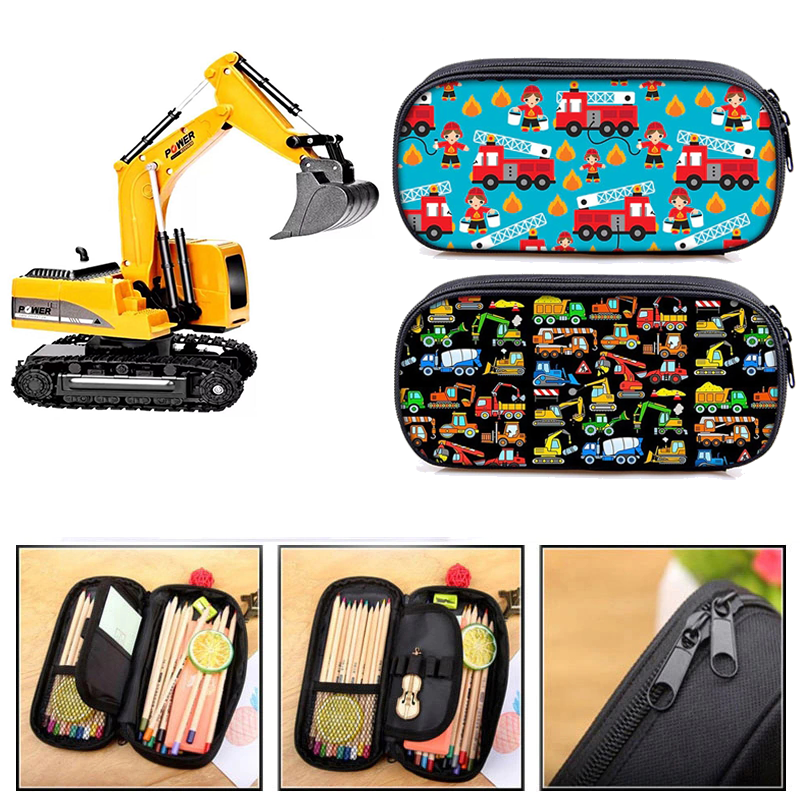 Camión de bomberos de dibujos animados, excavadora, grúa, bolsas de lápices para niños, vehículo de ingeniería, suministros escolares, papelería, bolsa de almacenamiento de juguetes para niños