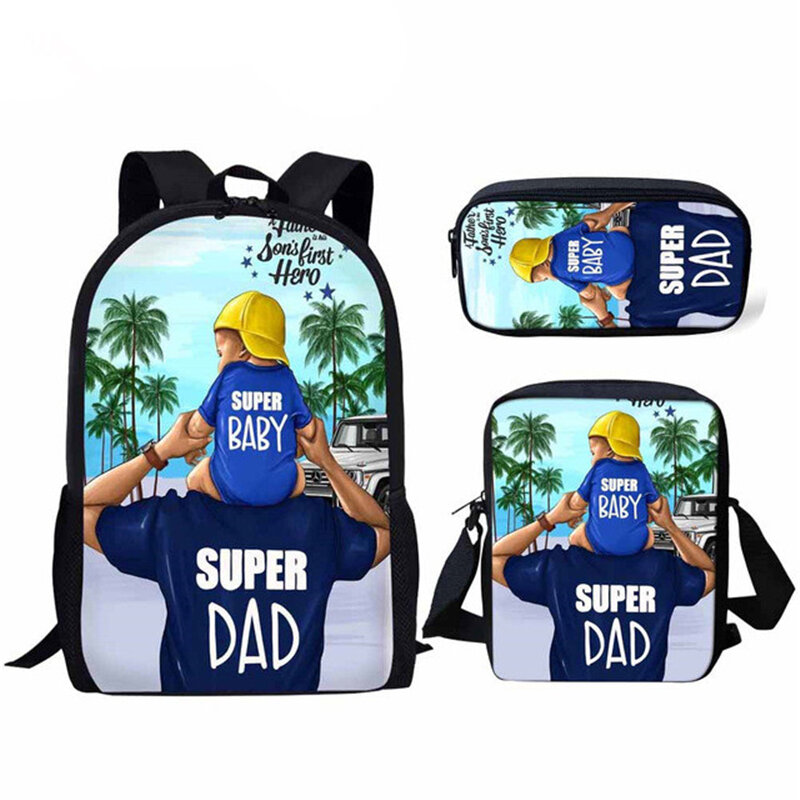 ELVISWORDS Fashion School Bags 3Pcs/Set Super Mom Dad Print Backpack Customize Schoolbag For Women Kids Rucksack Travel Mochila
