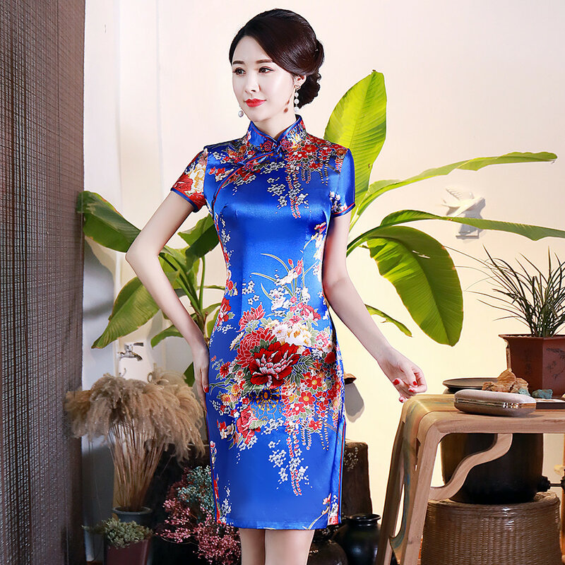Royal Blue Print Flower Qipao For Women Classic Oriental Mini Chinese Dress Big Size 3XL Retro Casual Dresses Evening Party Gown