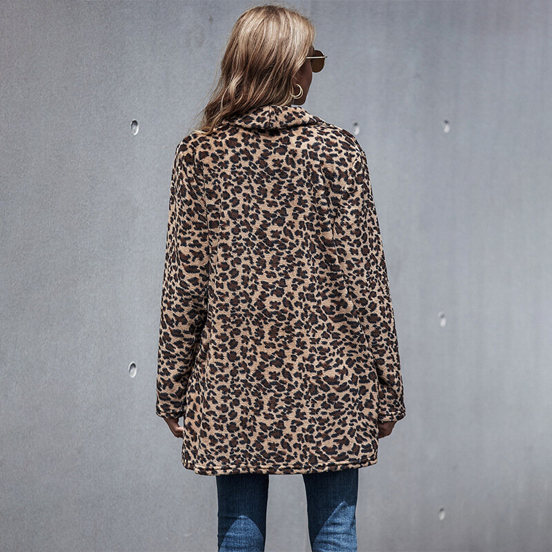 Faux Pelzmantel frauen 2020 Neue Leopard Print Outwear Lange Hülse Dünnen Mantel Drehen Unten Kragen Mode Winter Warm plüsch Jacke