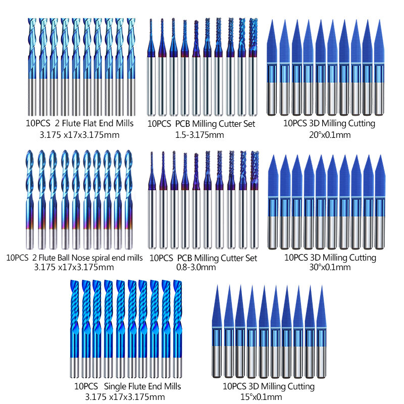XCAN-Fresa de extremo CNC, vástago de 3.175mm, broca de enrutador Nano, broca de grabado de carburo recubierta de azul, herramientas de fresado CNC