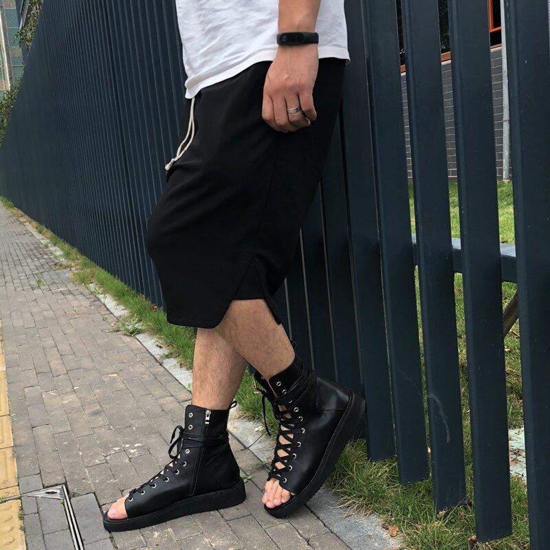 Сандалии-гладиаторы мужские на шнуровке, сандалии на платформе, уличные дышащие пляжные, в британском стиле, увеличивающие рост, черные