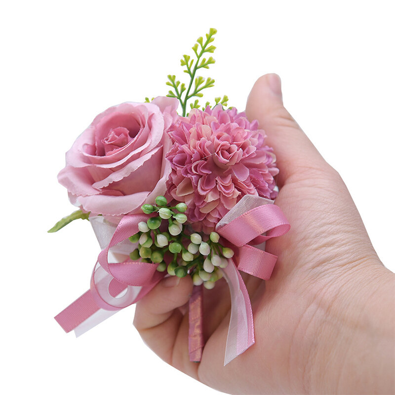 Flor de pulso para dama de honra, seda rosa, boutonniere, noivo corsage, casamento festa jóias, belos presentes, 1pc
