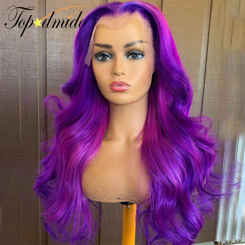 Topodmido фиолетовый цвет 13x4 Прозрачная кружевная кожа искусственные бразильские человеческие волосы Remy закрывающий парик без клея 4x4 кружевные парики