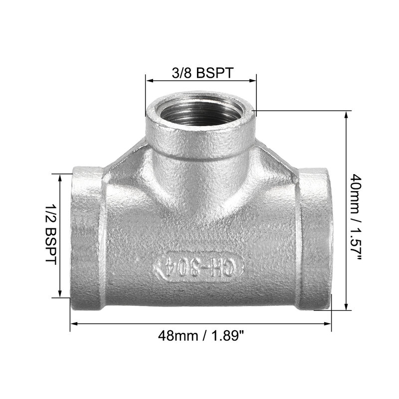 Uxcell-Aço Inoxidável 304 Cast Pipe Fitting, Conector em Forma de T Feminino, Acoplador, 1/2 BSPT x 3/8 BSPT x 1/2