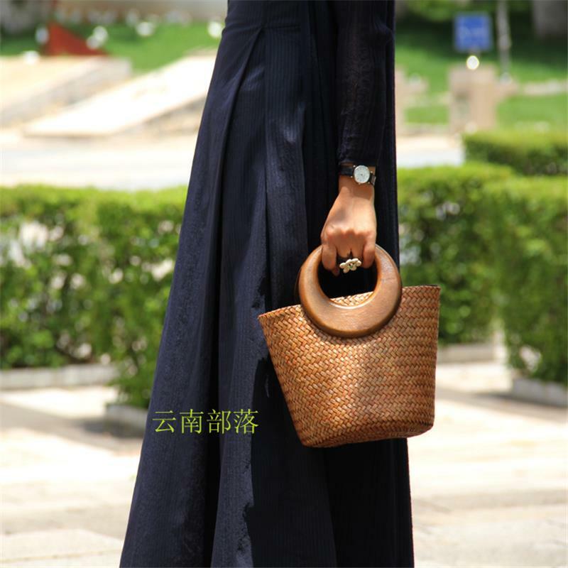 Женская Плетеная соломенная сумочка с деревянной ручкой, 24 х18 см