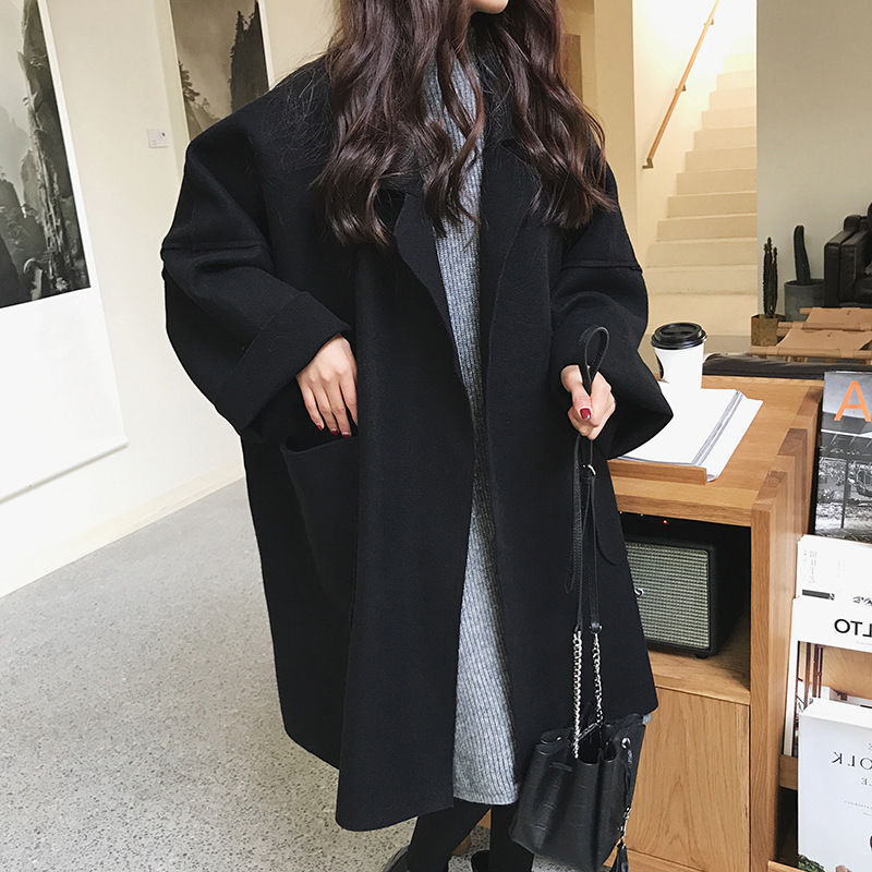 Coat Female 2020 Autumn Fashion Women Coffee Coat Korean Style Pocket Woolen Woman's Coat Ladies Casual Outerwear Black Coat