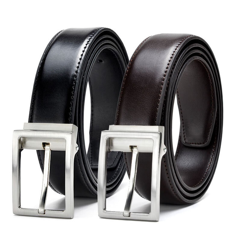 Cinturón de piel de vaca para hombre, Hebilla de Metal de cintura Formal con cinturón de Clip, hebilla de Color plateado, patrón sólido, negro y marrón