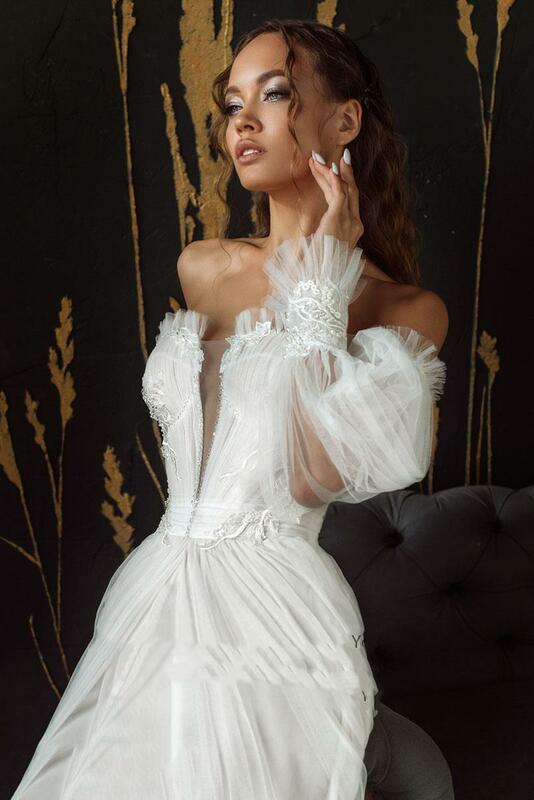 Vintage Wedding Dresses Appliques with Detachable Puff Long Sleeves Wedding Beaded Bridal Gown vestido de novia playero
