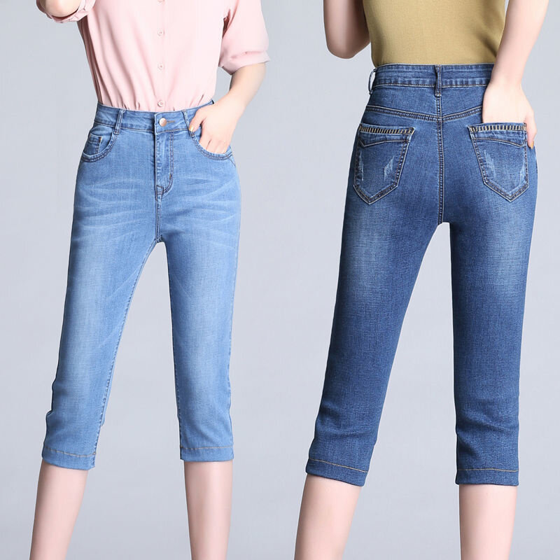 سراويل جينز زرقاء مستقيمة للنساء ، جينز نحيف غير رسمي ، مغسول بقصة ضيقة ، بنطلون جينز قصير بطول الساق ، كابريس صيفي ، جديد ،