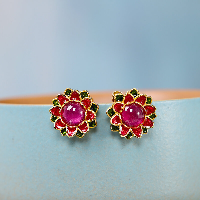 100% s925 silver gold-plated red corundum lotus flower fashion retro women's earrings