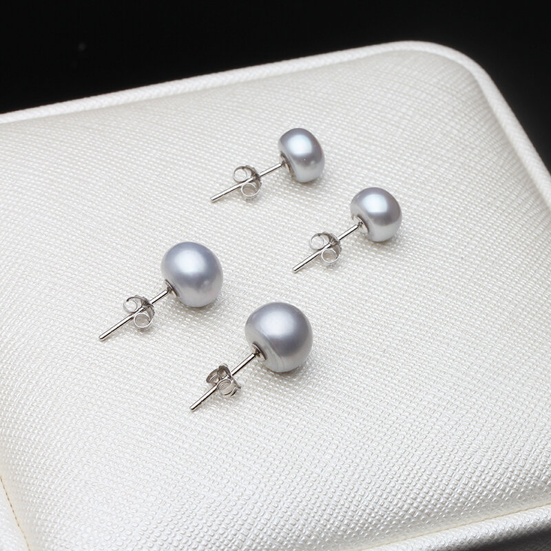 Real 925 Sterling Silver Pearl Stud Earrings For Women Black Natural Freshwater Pearl Jewelry New Fashion