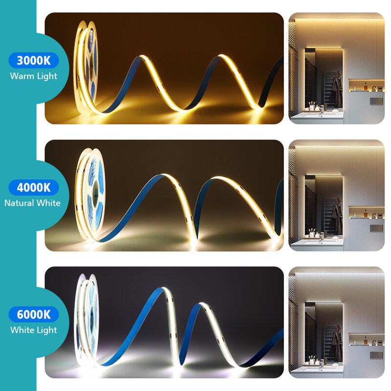 Tira de luces LED COB de alta densidad, cinta Flexible FCOB, RA90, 3000K / 4000K/6000K, lineal, regulable, DC12V, 24V