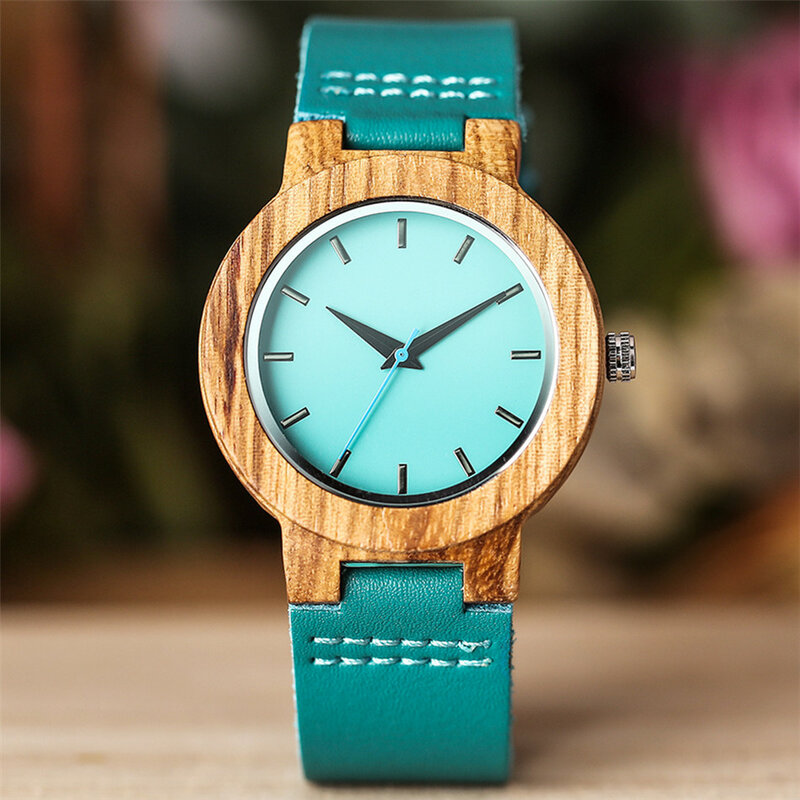 Orologio al quarzo in vera pelle blu unico uomo donna moda minimalista cassa dell'orologio in legno di Zebrawood coppia orologi da polso regalo di anniversario