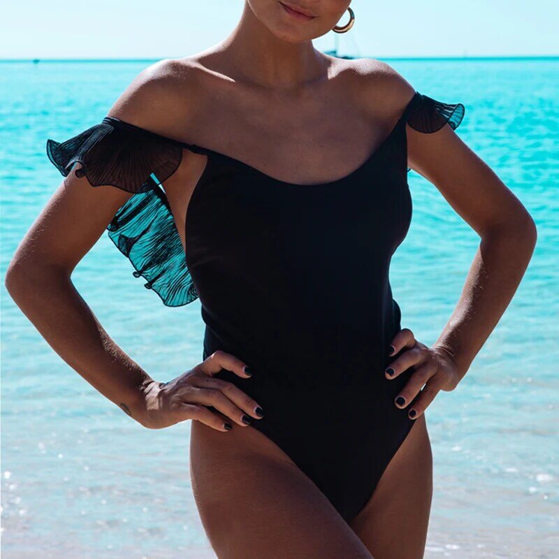 Maiô brasileiro branco, roupa de banho de uma peça, biquíni transparente sexy de malha com babados, moda praia 2020