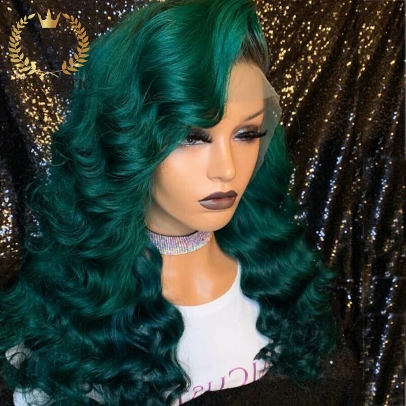 Topnormantic-Peluca de cabello humano ondulado para mujer, postizo de encaje frontal 13x6, Color verde degradado, brasileño, Remy, línea de cabello prearrancada
