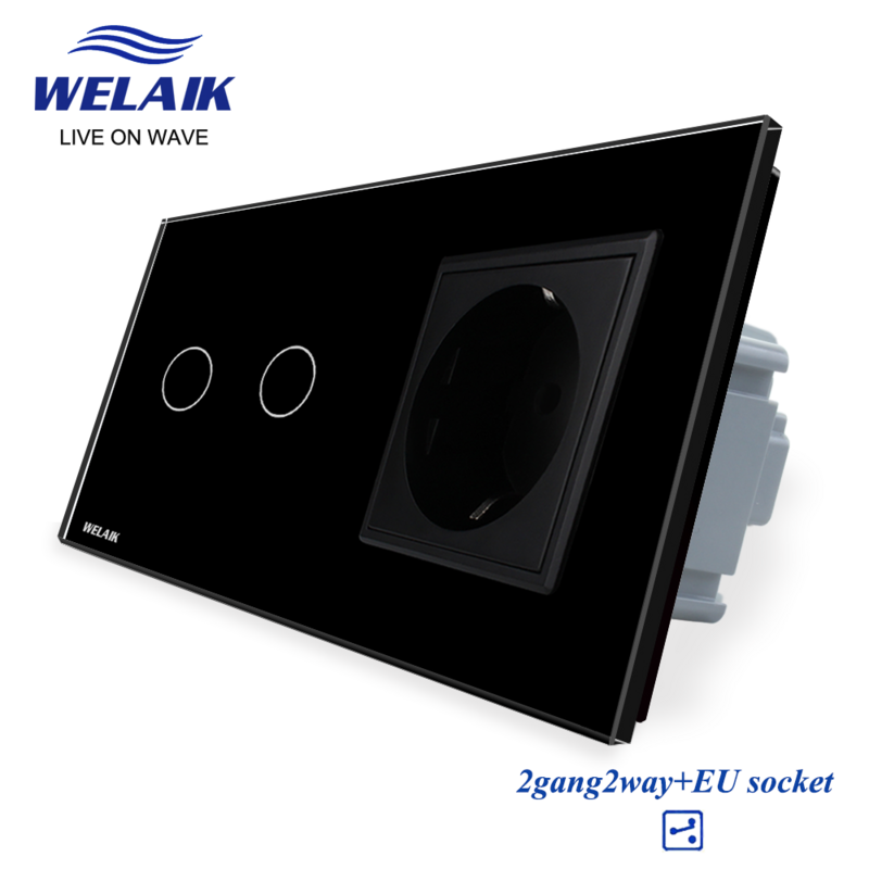 WELAIK-Panel de vidrio templado para pasillo, 2 marcos de la UE, 1 ~ 1000W, 2 entradas, 2 vías, tira de luz LED, Interruptor táctil de pared, toma de corriente de 16A, 220V