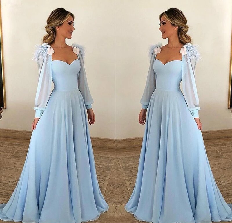 Luz azul chiffon formal festa de noite vestido feminino flor artesanal robe de soiree vestidos elegantes mangas compridas vestido maxi do baile