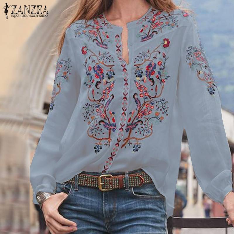Artystyczny nadruk topy damskie jesienna bluzka ZANZEA 2023 tunika moda dekolt koszule z długim rękawem kobiet dorywczo Blusas