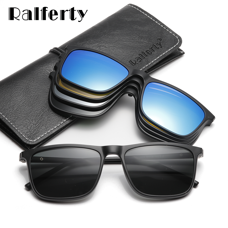 Ralferty óculos de sol dos homens 5 em 1 clipe polarizado em sunglass mulheres sunglases quadrado ultra-light óculos de visão noturna a8804