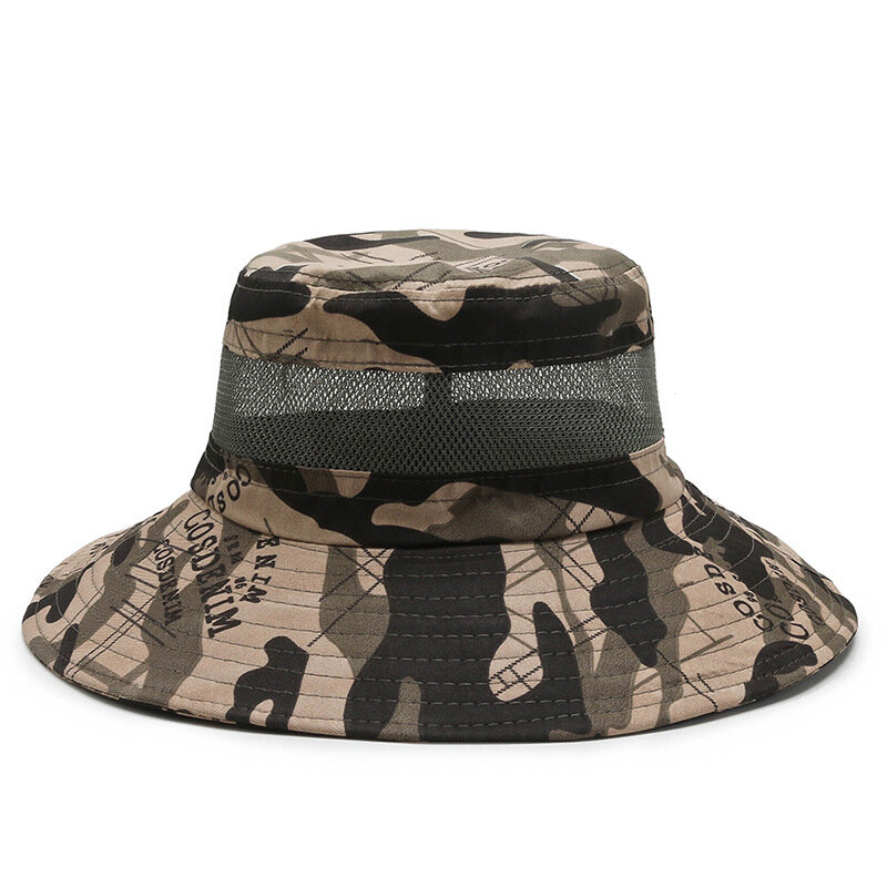 Sombrero de cubo de malla de ala ancha con protección solar, sombrero de camuflaje para pesca al aire libre, senderismo, Boonie militar, transpirable, empacable