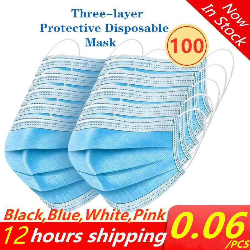 100pcs Mask Disposable Nonwove 3 Layer Ply Filter Mask mouth Face mask filter safe Breathable Protective masks Fast Shipping