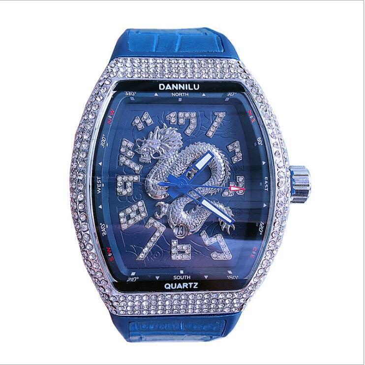 2021 neue Mode Uhr Männer Top Marke Luxus Drachen Vintage Herren Uhr Mit Strass Leder Voller Diamanten Tonneau männer uhr