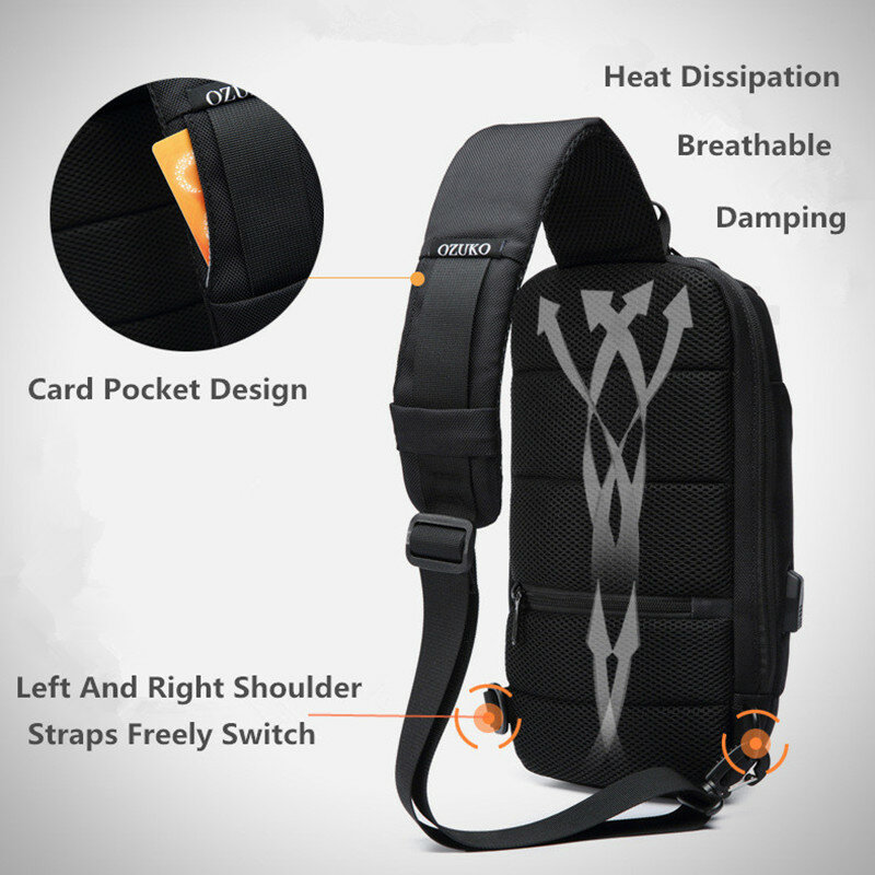 OZUKO – sac à bandoulière pour hommes, avec support USB, Anti-vol, sacoches à épaule, sacs de poitrine imperméables, 2021