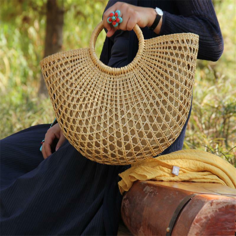 Bolsa de palha de vime com 38x25cm, bolsa grande de mão feita em rattan, tipo retrô e feita à mão a6101