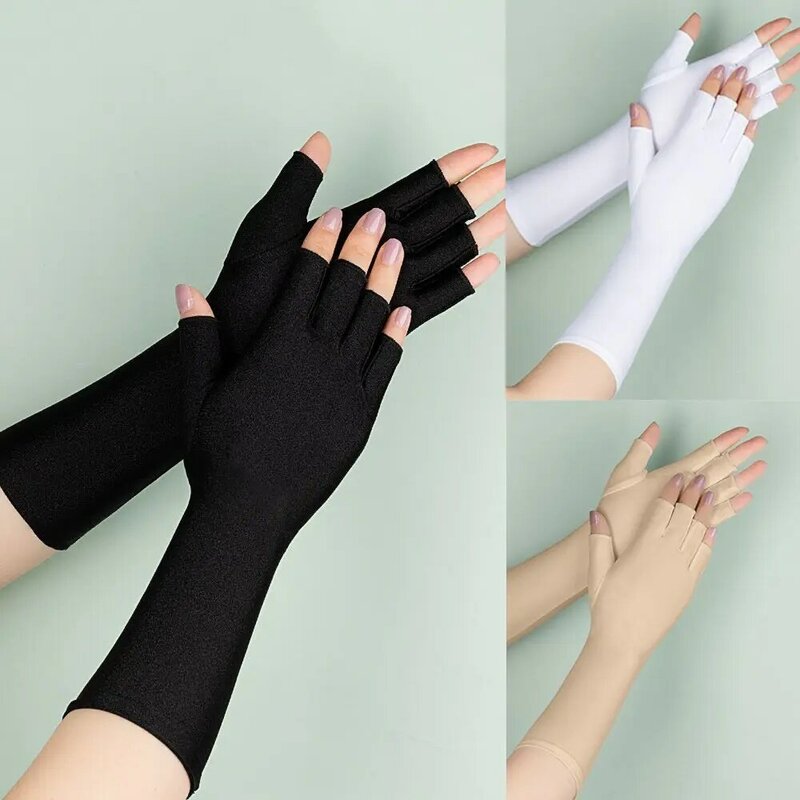1 para ochrona przeciwsłoneczna bez palców długie rękawiczki damskie ramię fajne letnie solidne rękawiczki pół ochraniacze na palce czarny biały Nude