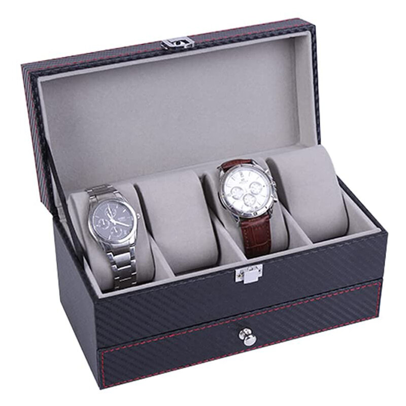 Pudełko na zegarek PU Leather Organizer biżuterii pojemnik podróżny dla mężczyzn/kobiet, 4 gniazda magnetyczny Top, czarny