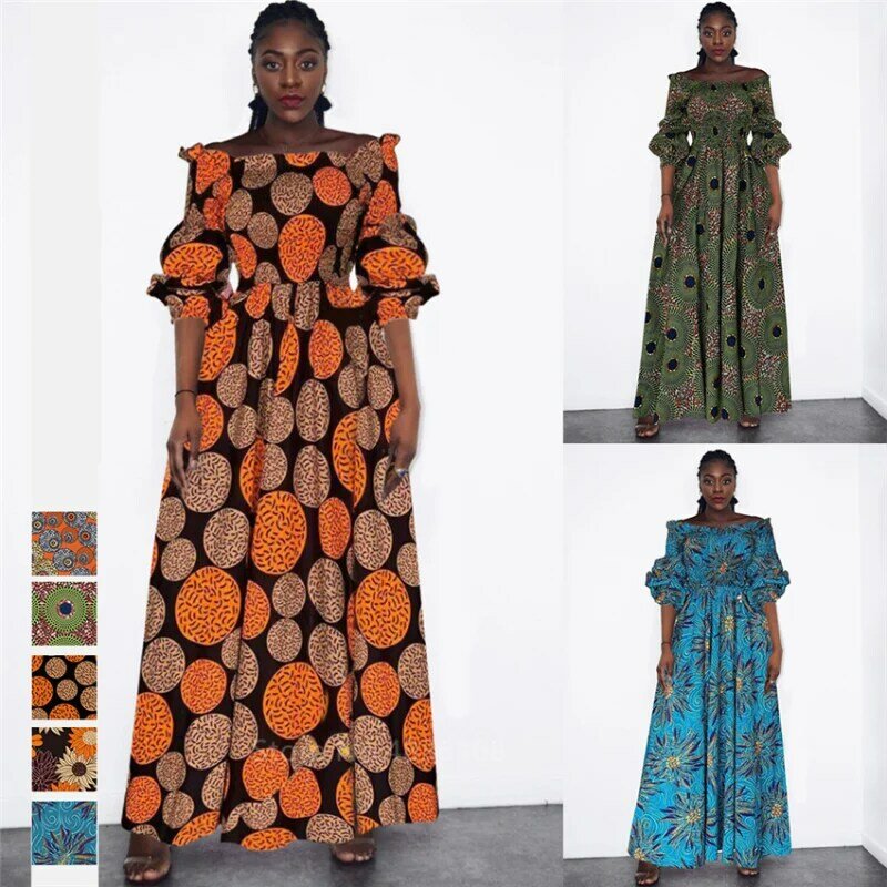 Afrikanische National Print Party kleid Frauen lässig sexy Slash-Neck Lady Maxi kleid neue Vintage lang ärmel ige lose elegante Kleider