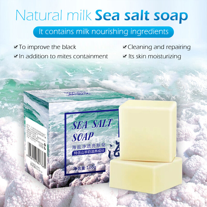 Jabón de sal marina blanqueador, jabón hidratante de leche Natural, jabón de sal marina, elimina los granos, poros, tratamiento del acné, cuidado facial, red espumosa