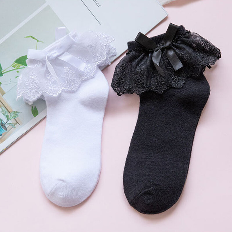 Women Harajuku Sweet Retro Lace Short Socks Lolita Frilly Ruffle Cotton Princess Socks Girls Soft Comfortable Solid Ankle Socks