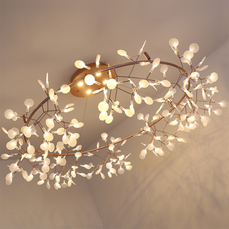 Candelabro colgante de estilo nórdico para sala de estar, lámpara de luciérnaga moderna para cocina, oro rosa/rama negra, iluminación redonda