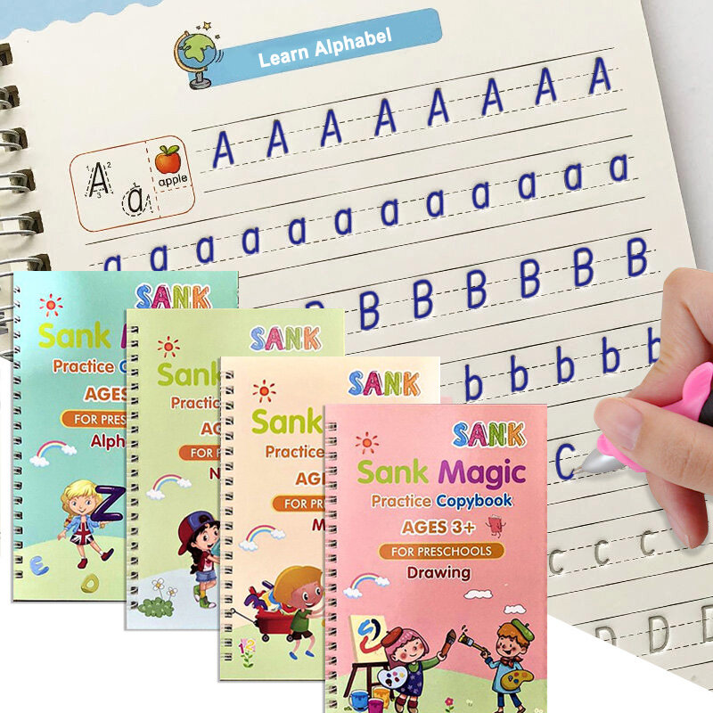 4หนังสือ/ชุดเด็ก Magic หนังสือ,Reusable 3D ตัวอักษร Copybooks,ภาษาอังกฤษ Number ตัวอักษร Magic ฝึก Copybooks