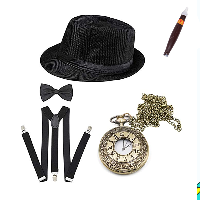 Fato de RPG de festa vintage, Festa Gatsby dos anos 1920, Chapéu alto, Relógio de bolso, Barba falsa para charuto