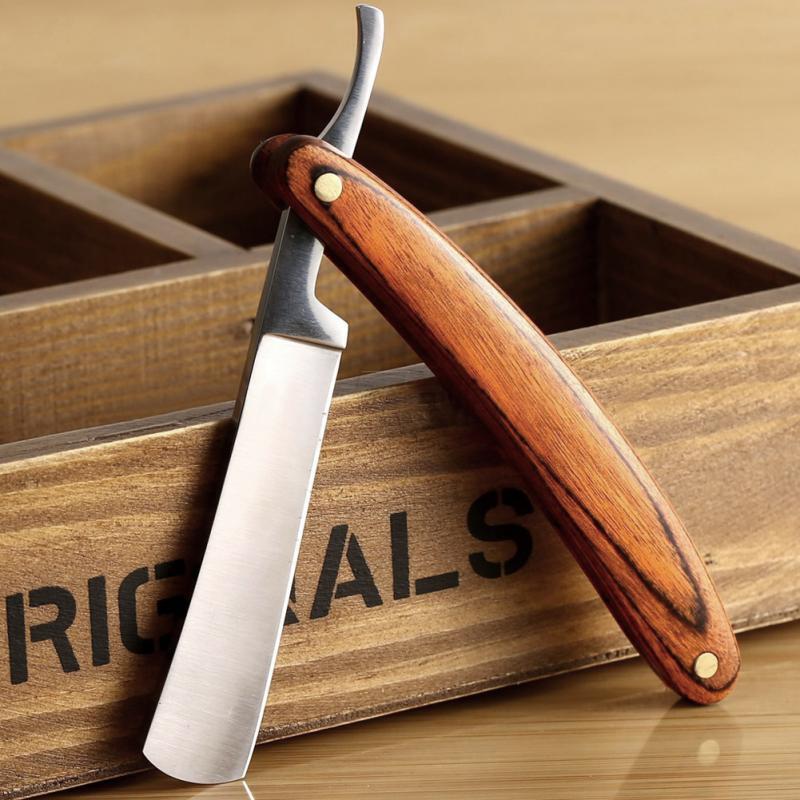 Maquinilla de afeitar plegable de acero inoxidable con borde recto, herramientas de depilación con mango de madera para barbero